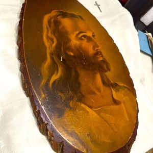 Vintage Jesus decoupage on wood unique art piece pre-owned